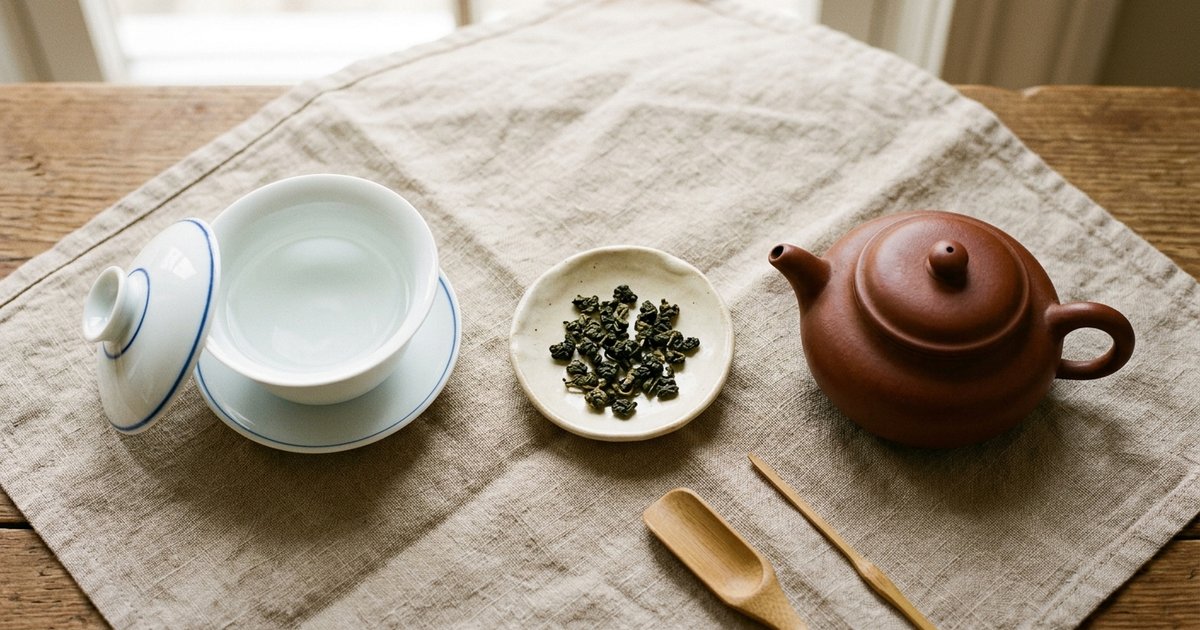 Eine weiße Porzellangaiwan, eine kleine Schale Oolong-Blätter und eine rote Yixing-Ton-Teekanne auf einem neutralen Teetuch