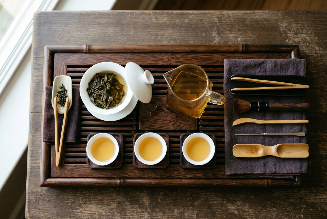 A complete Gongfu tea setting seen from above — gaiwan, fairness pitcher, tasting cups, and tea tray