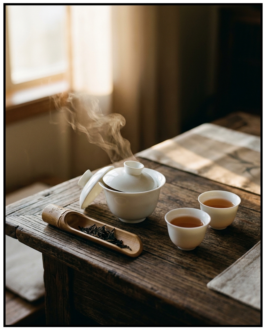 Un gaiwan en porcelaine et de petites tasses disposés pour l’infusion Gongfu