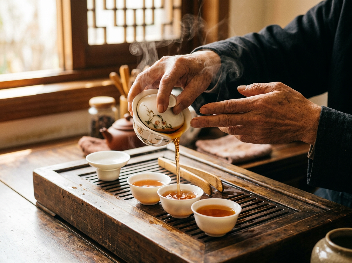 Une cérémonie du thé Gongfu en cours, le thé est versé d’un gaiwan