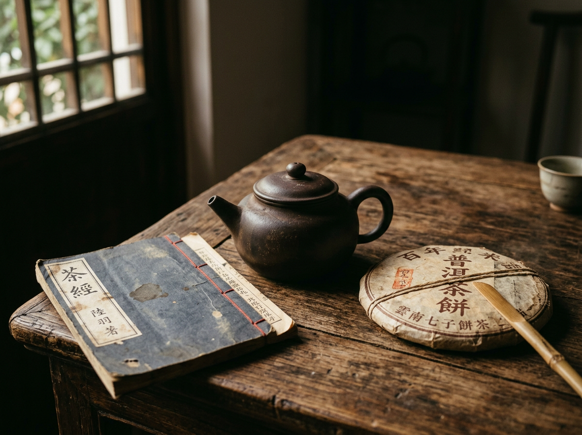 Une théière en terre d’Yixing et une galette de pu-erh vieilli