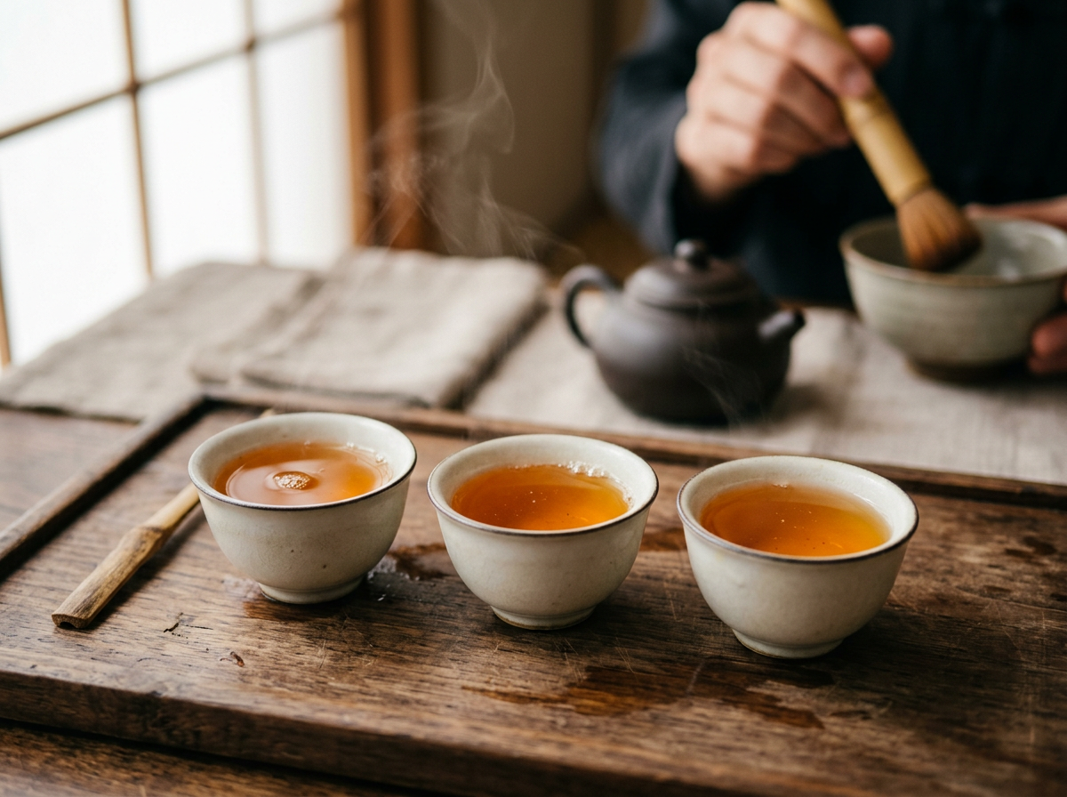 Le thé est versé dans de petites tasses de dégustation